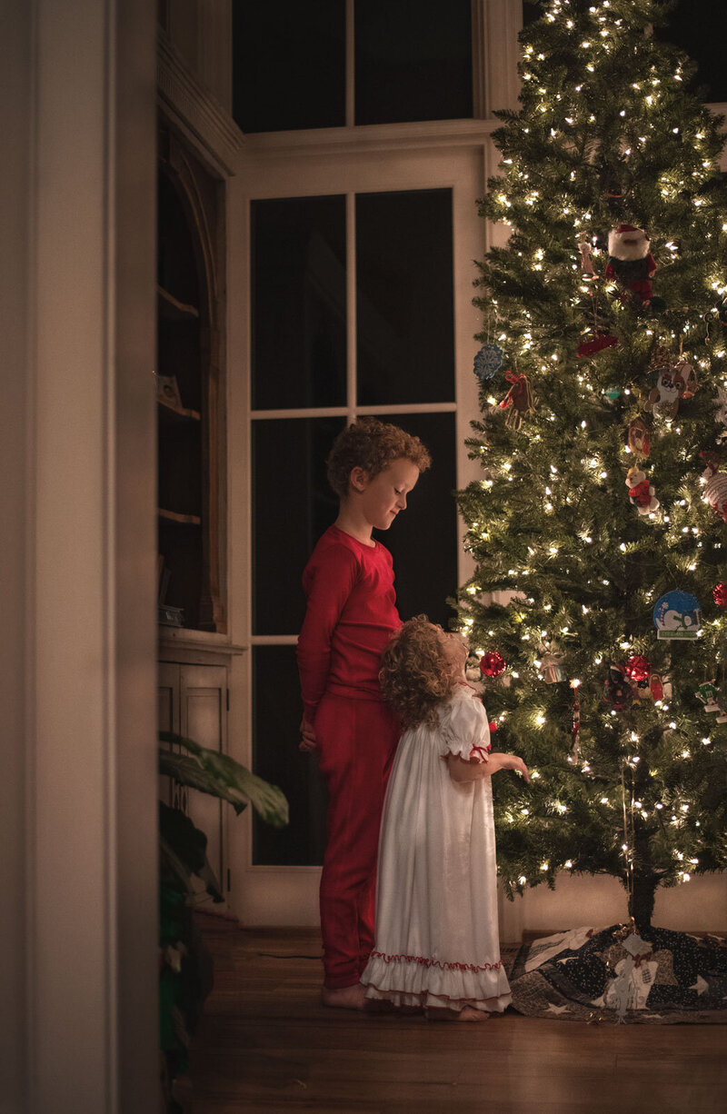 Siblings Christmas tree St. Louis family portraits